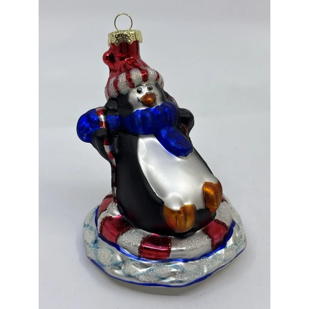 Vintage‎ Hand Blown Penguin On Ice Christmas Ornament